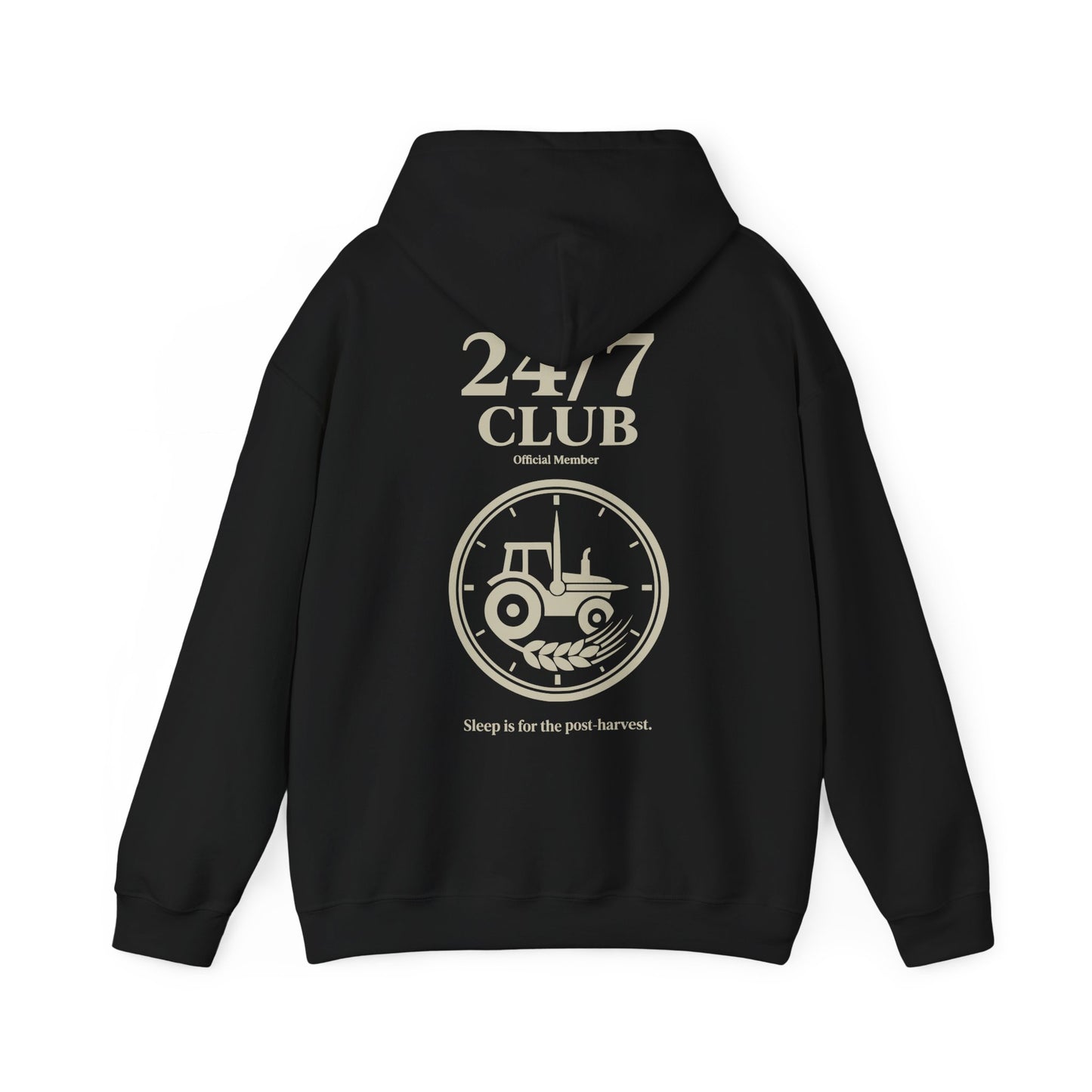 Schwarzer Hoodie 24 7 Club mit grünem Backprint für Landwirte.