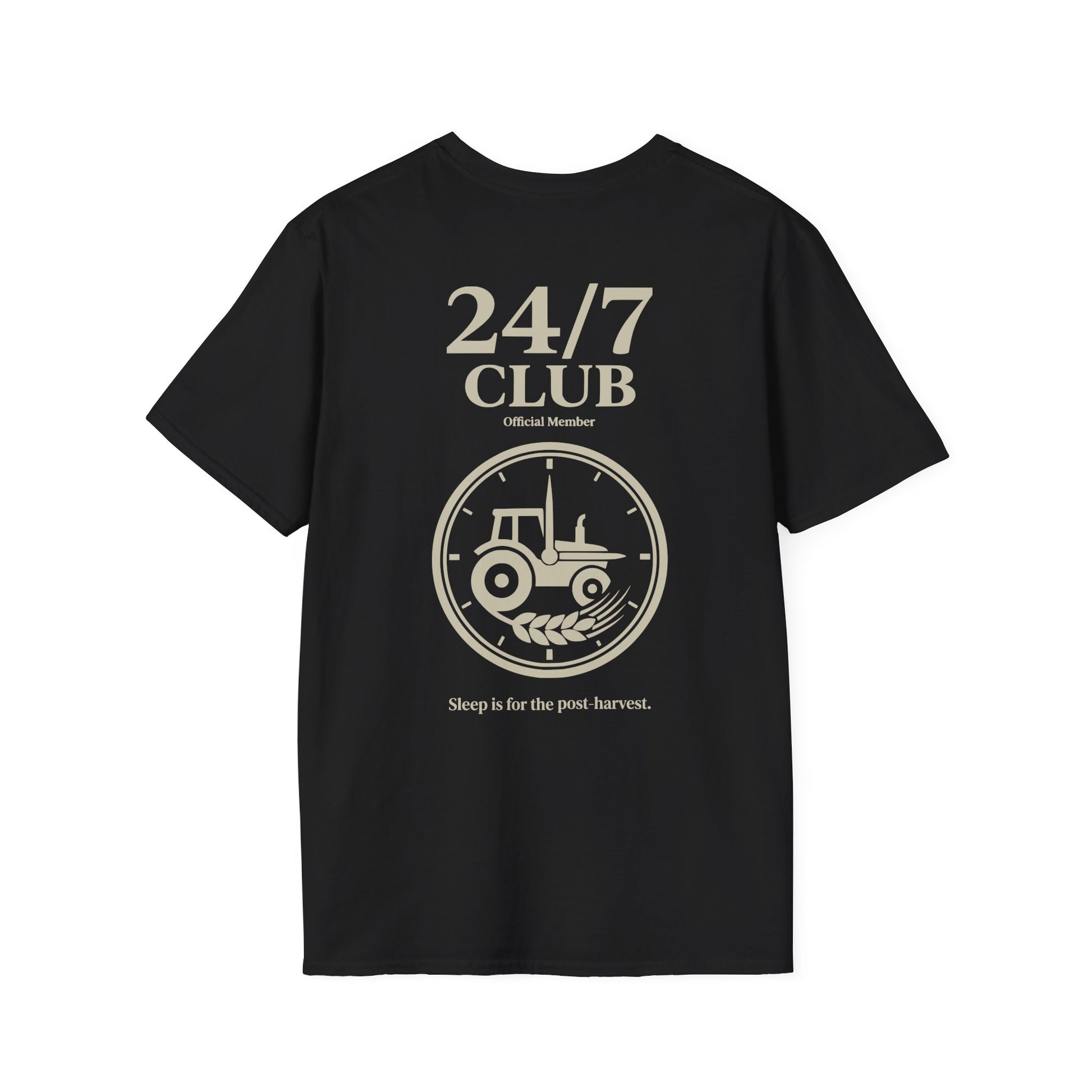 Schwarzes T-Shirt 24 7 Club mit grünem Rückendruck für Landwirte.