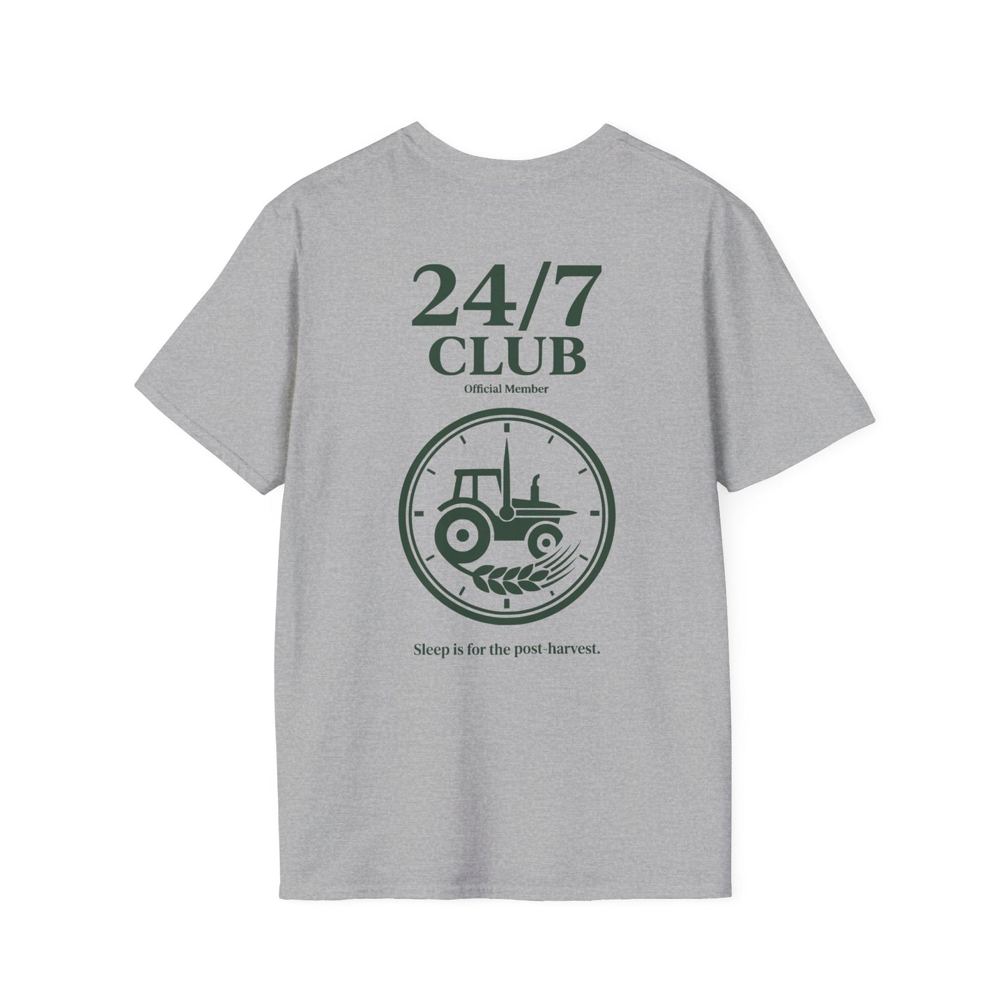 Graues T-Shirt 24 7 Club Official Member Traktor Uhr Motiv hinten.
