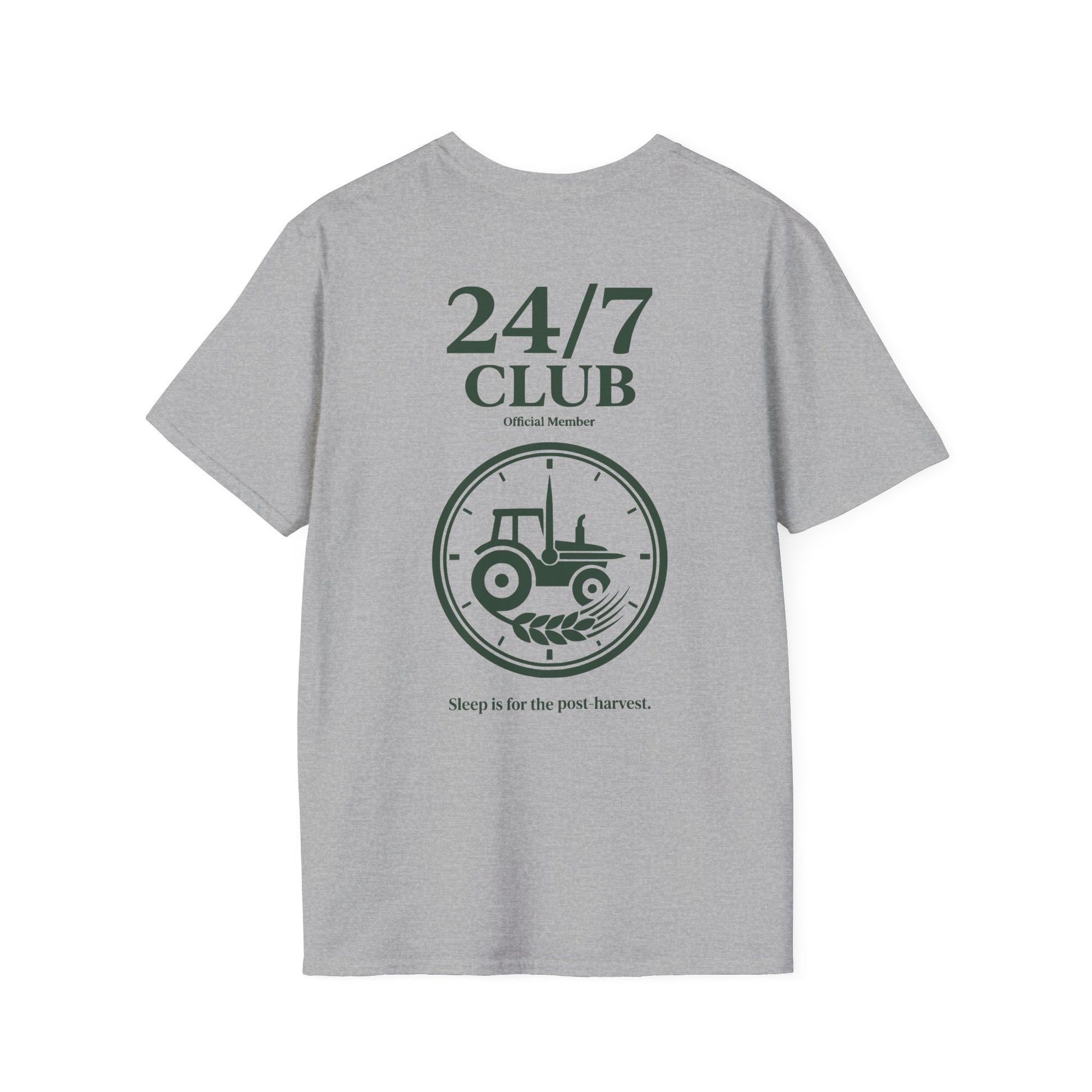 Graues T-Shirt 24 7 Club Official Member Traktor Uhr Motiv hinten.