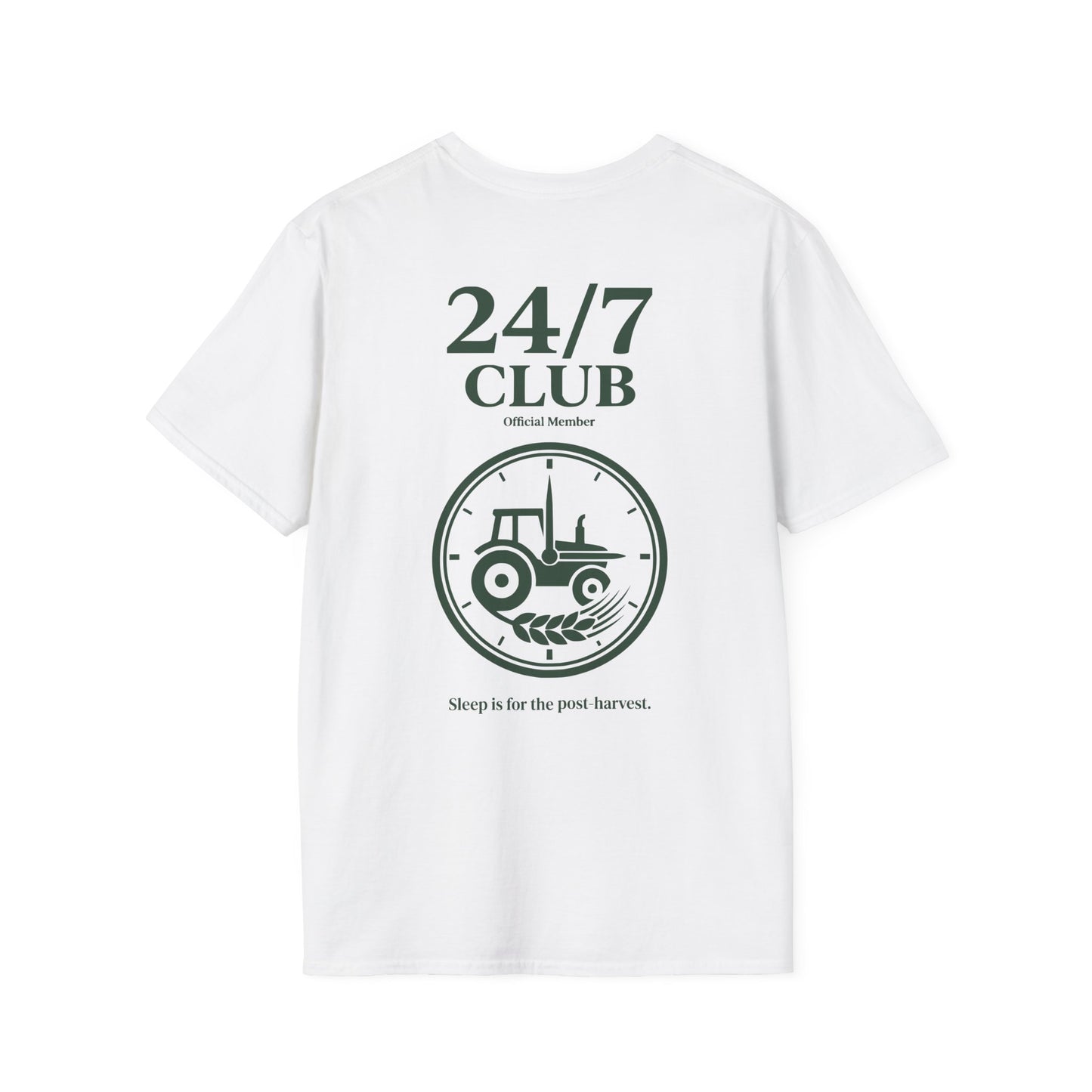 Weisses T-Shirt für Landwirte und Bäuerinnen mit grünem Ernte Print.