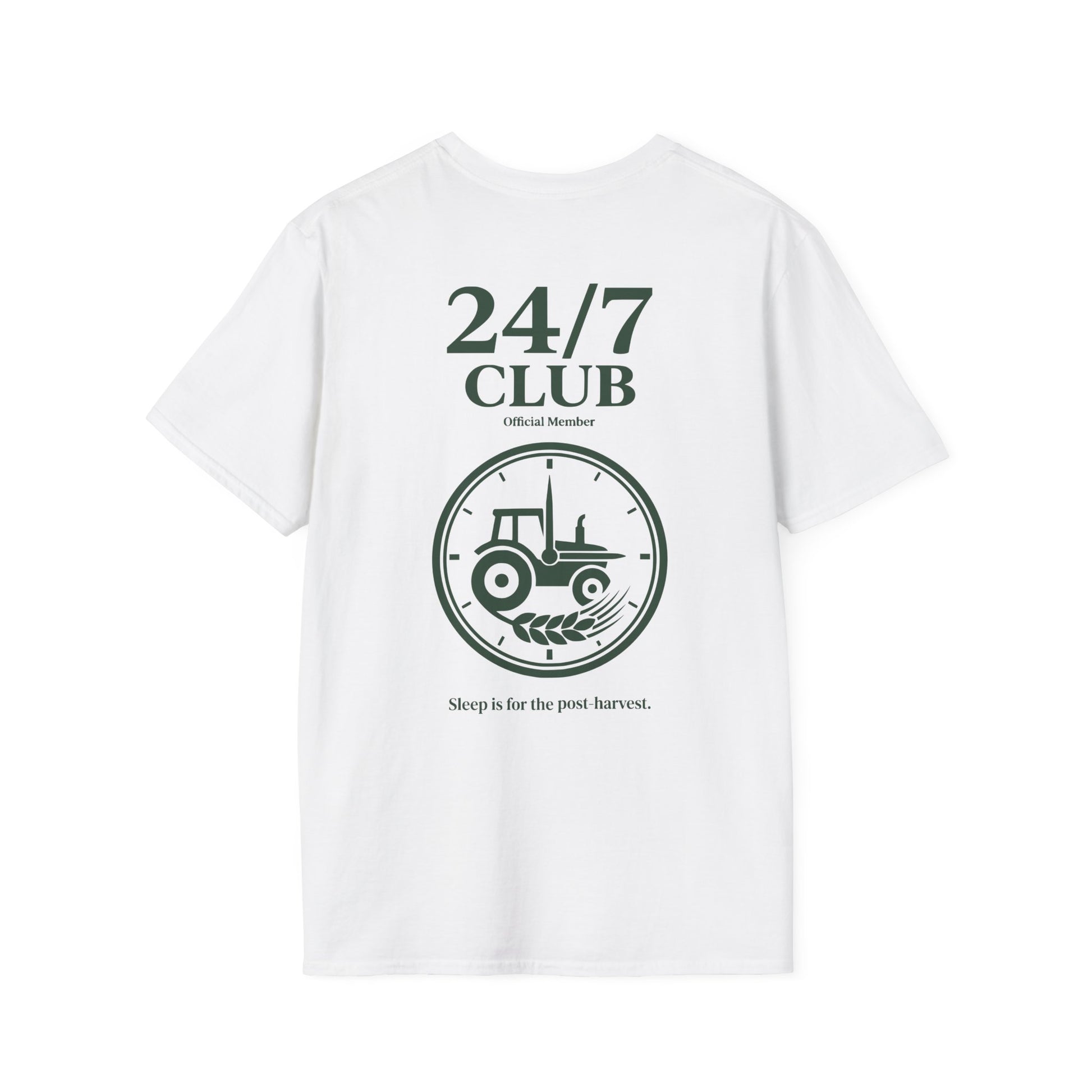 Weisses T-Shirt für Landwirte und Bäuerinnen mit grünem Ernte Print.