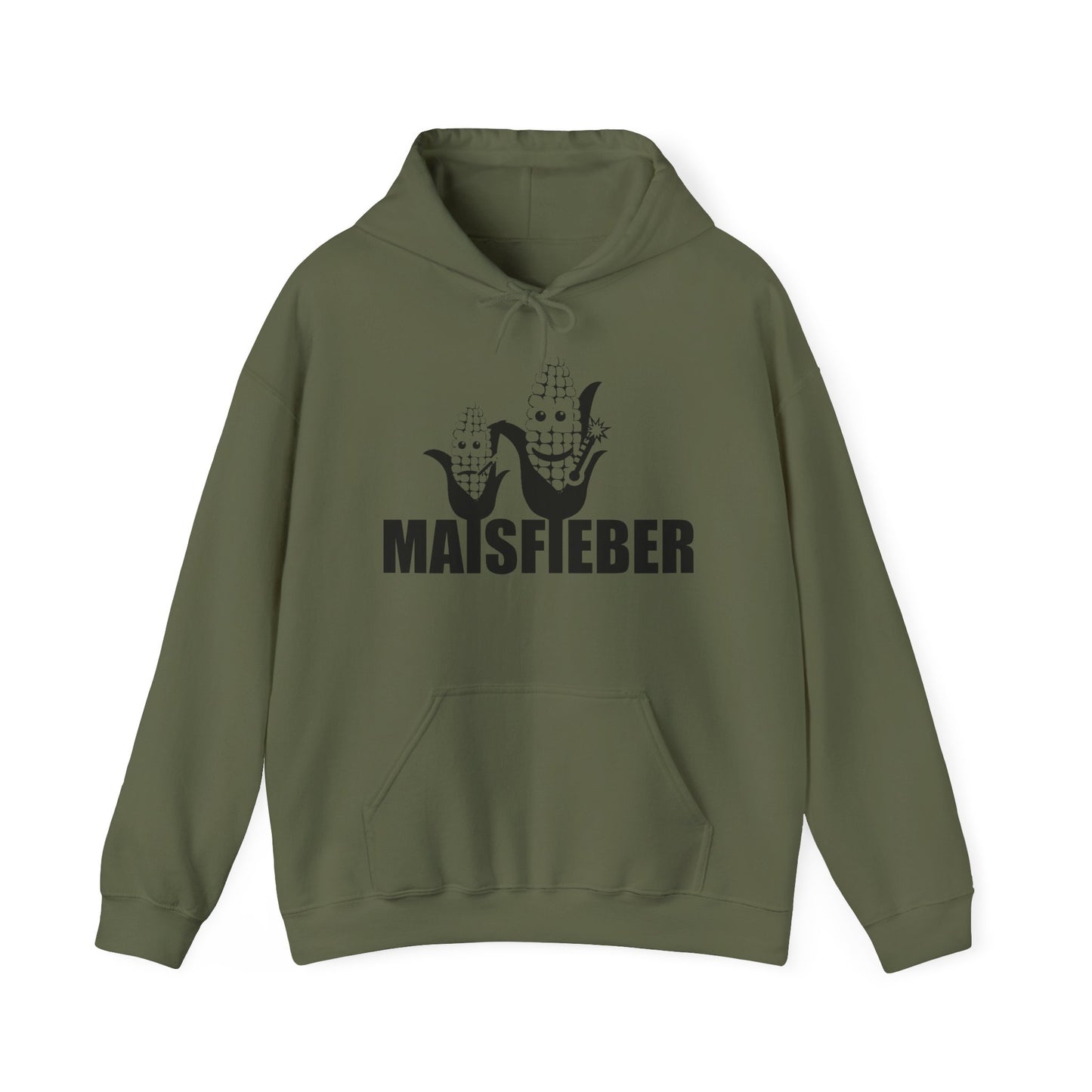 Maisfieber Hoodie in Olivgruen mit Maiskolben Motiv Vorderansicht.
