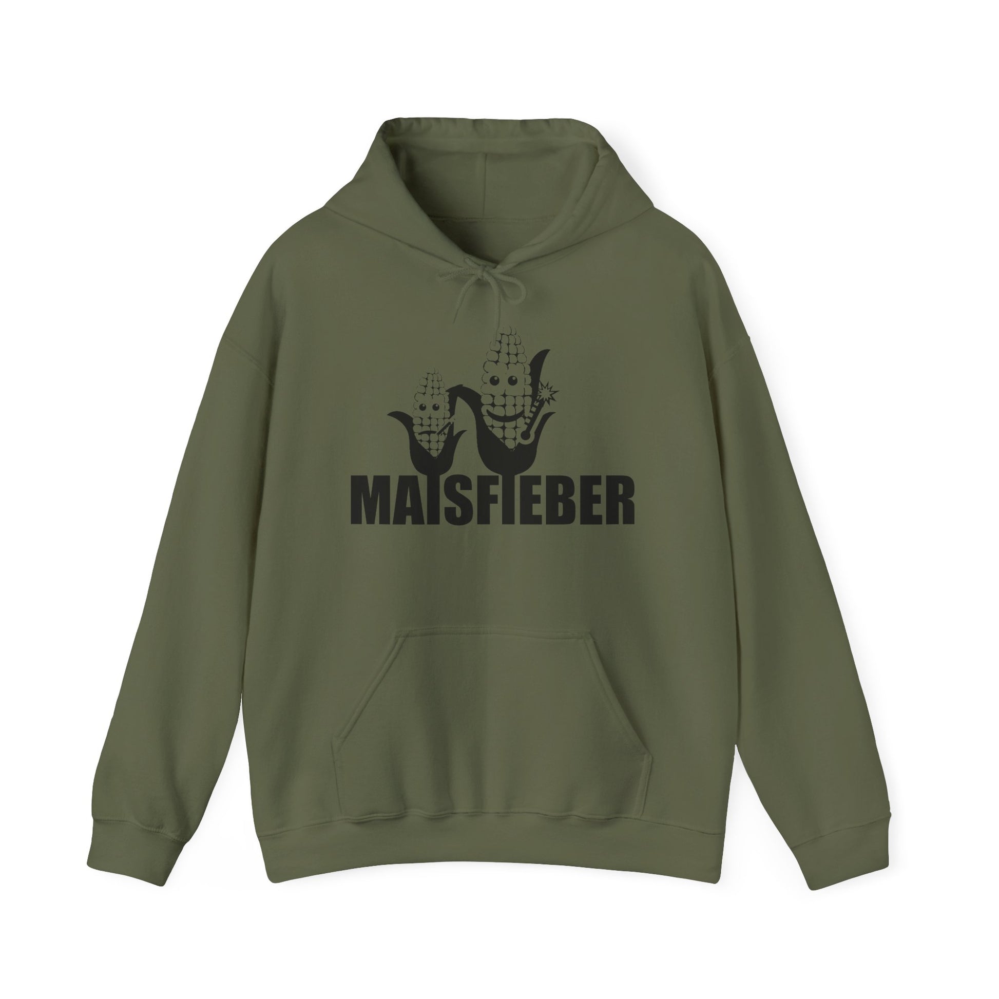 Maisfieber Hoodie in Olivgruen mit Maiskolben Motiv Vorderansicht.