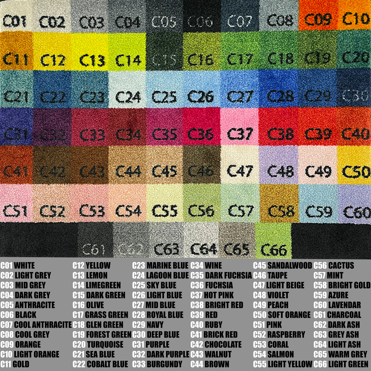 Farbpalette C01 bis C66 zur Auswahl der Hintergrundfarbe für individuelle Trecker Logo Fußmatten