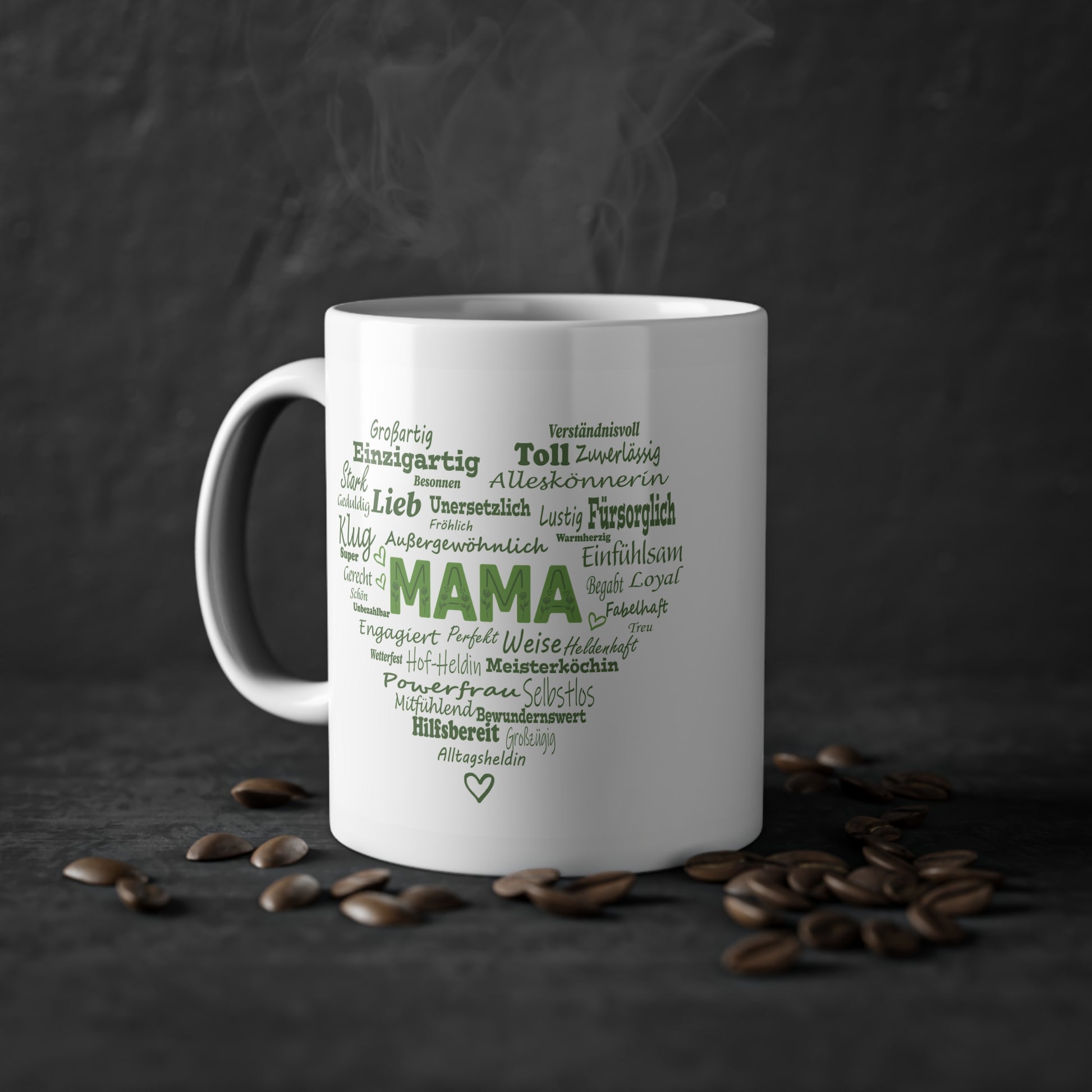 Geschenkidee zum Geburtstag fuer Landwirtinnen Tasse Danke Mama grüne Schrift.