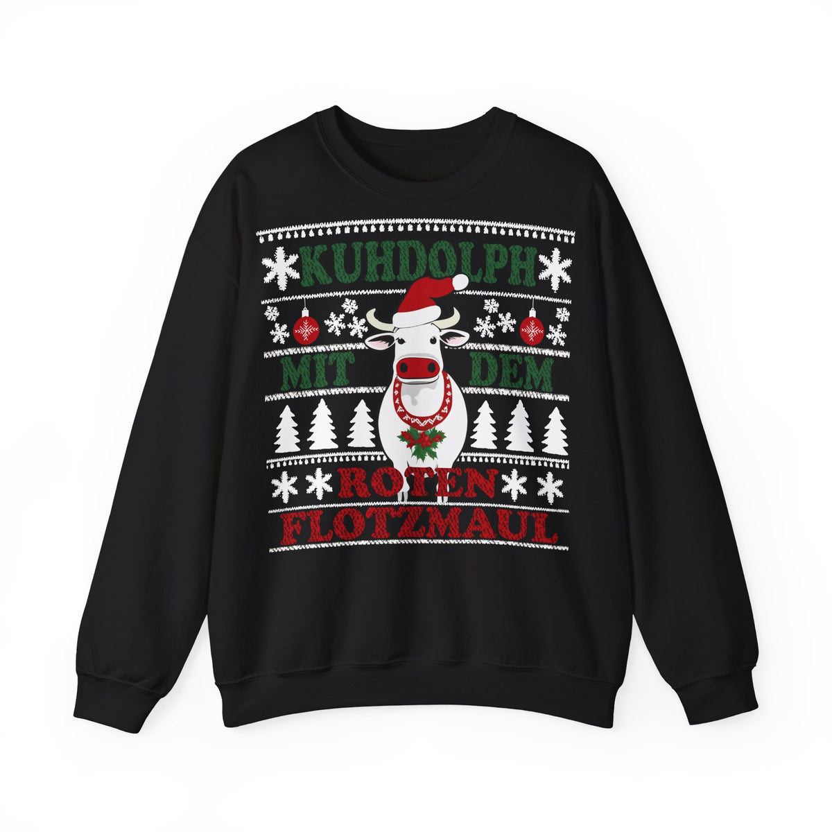 "Kuhdolph mit dem roten Flotzmaul" Ugly Christmas Sweater – Frontansicht des schwarzen Kuh Weihnachtspullovers