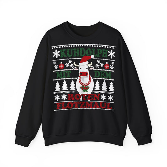 "Kuhdolph mit dem roten Flotzmaul" Ugly Christmas Sweater – Frontansicht des schwarzen Kuh Weihnachtspullovers