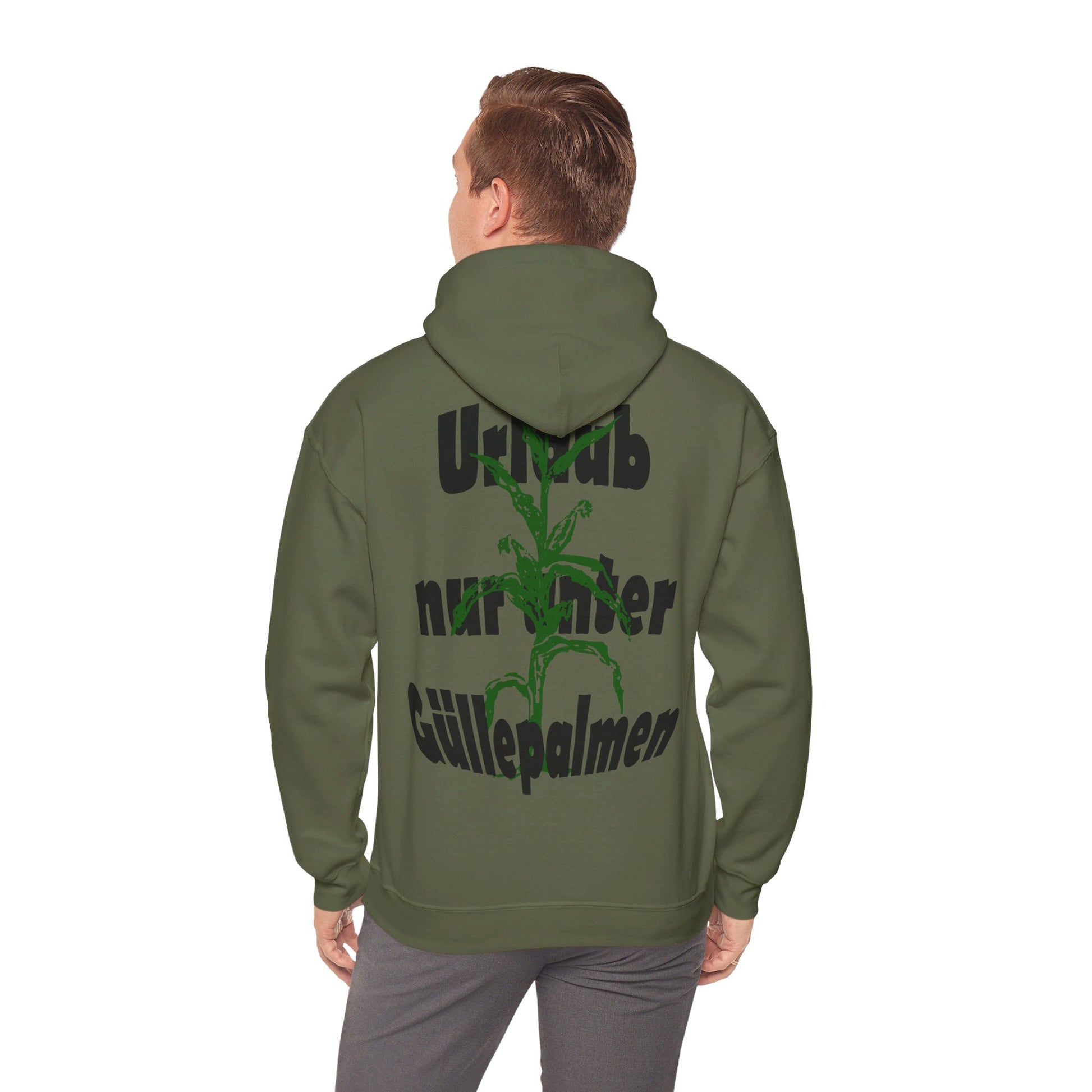 Lustiges Geschenk fuer Landwirte Guellepalmen Hoodie in Olivgruen.