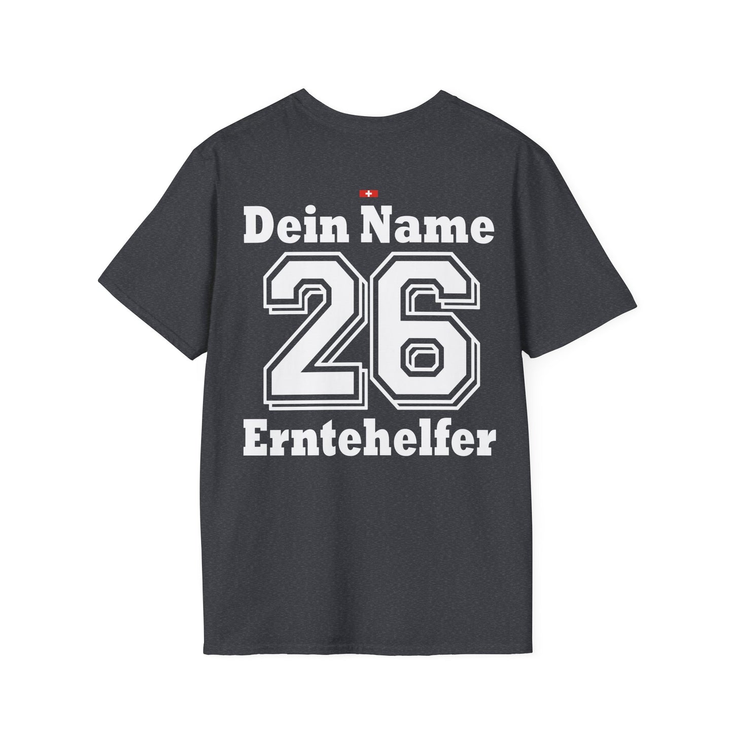 Rückenansicht Erntehelfer Trikot Schweiz mit Wunschname und Funktion für Landwirte.
