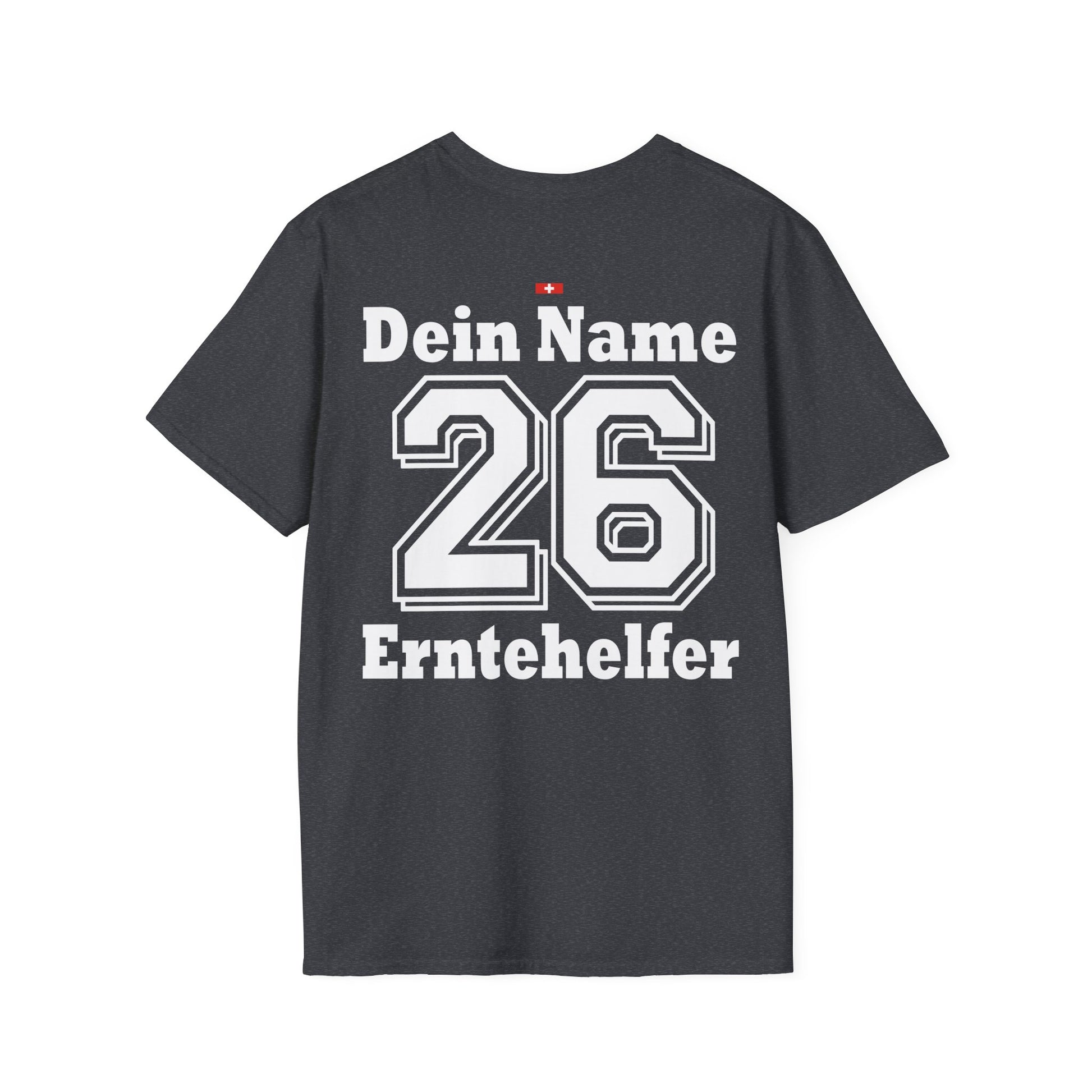 Rückenansicht Erntehelfer Trikot Schweiz mit Wunschname und Funktion für Landwirte.