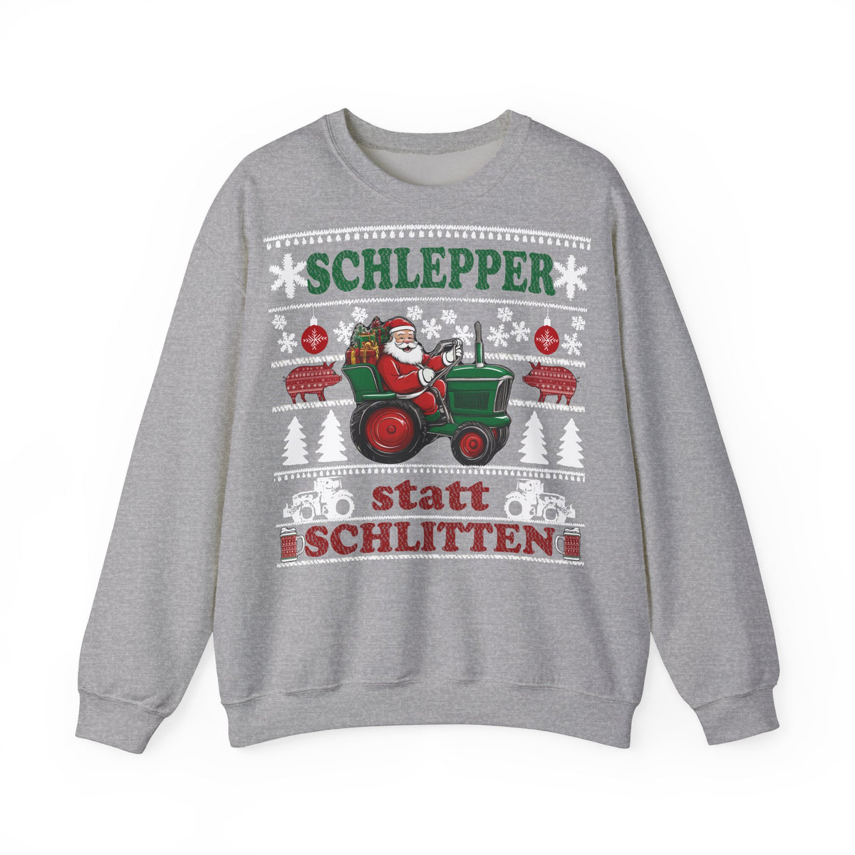 Lustiger Aufdruck Schlepper statt Schlitten auf grauen Weihnachts-Sweatshirt