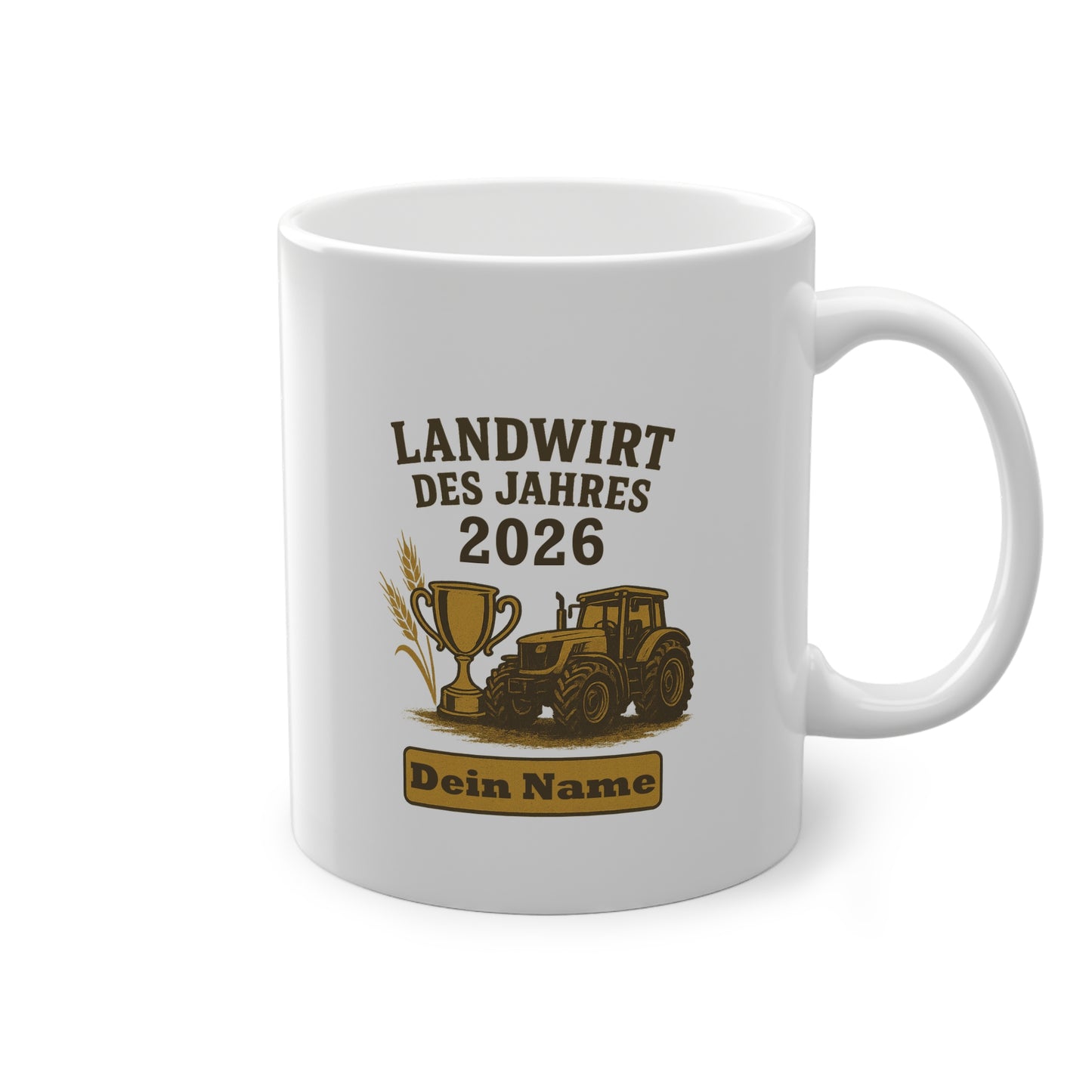 Personalisierte Tasse Landwirt des Jahres 2026 mit Traktor Motiv und Wunschname.