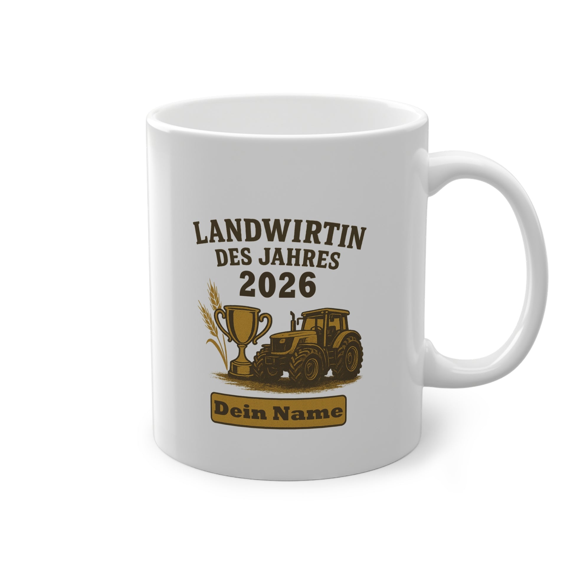 Personalisierte Tasse Landwirtin des Jahres 2026 mit Traktor und Wunschname.
