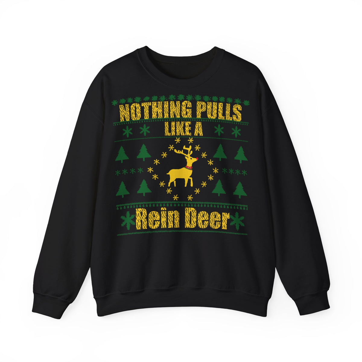 Gruen Gelber Traktor Weihnachtspullover Rein Deer – Ugly Christmas Sweater für Landwirte Frontansicht